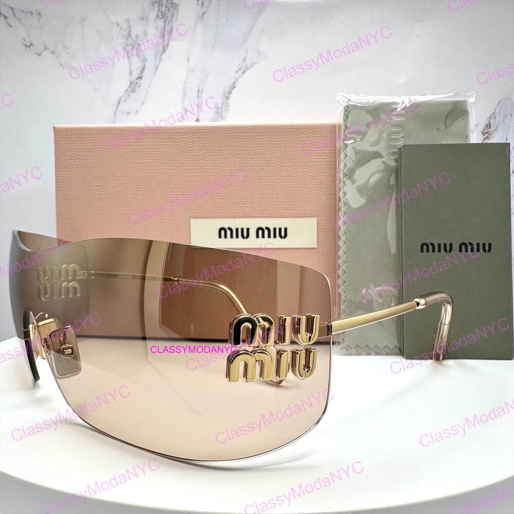 New MIU MIU Aube Sunglasses Gold Light Brown Mirror Bronze Rimless Wrap Womens
